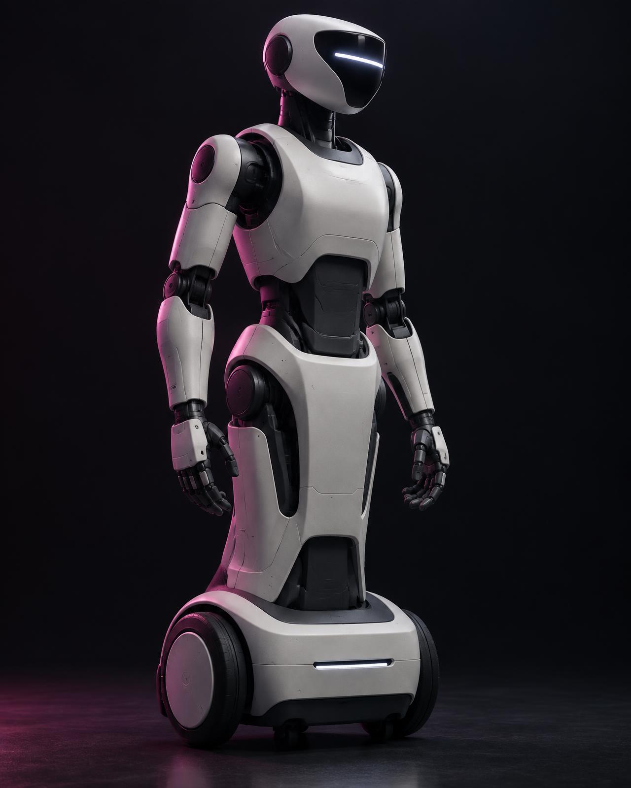 Studio render of the PARTH humanoid robot: human-scale white composite shell, articulated arms and hands, sensor head, wheeled base