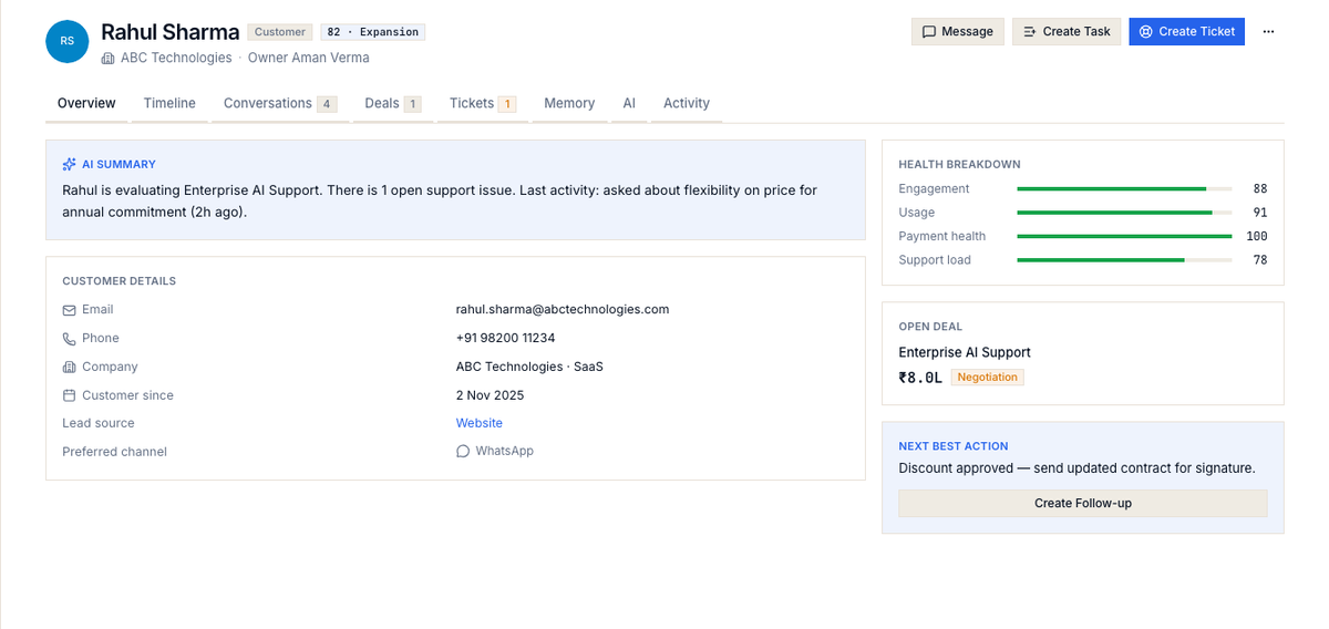 Janus customer profile with AI summary and health breakdown