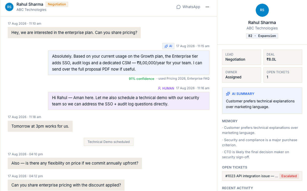 Janus unified inbox with an AI-drafted reply and human handoff